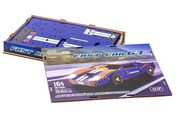 Конструктор Puz-26915"Fast Car GT" дерев'яний, 164 дет., синій, розмір моделі 23х6х11 см PuzzleOk